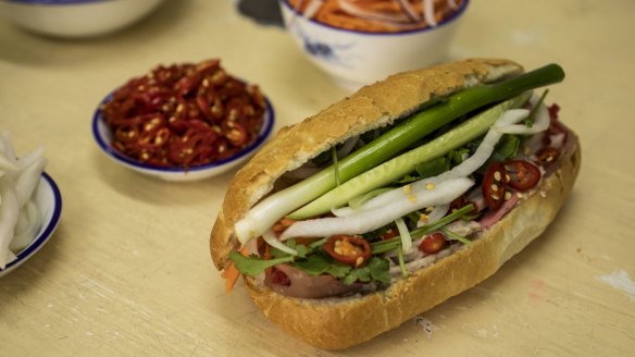 Pork banh mi roll served at Banh Mi Bay Ngo in Bankstown.