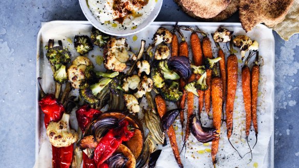 Roast vegetables with flatbreads and whipped feta.