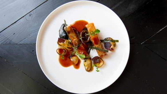 Go-to dish: Confit pork jowl, smoked mussels, burnt aubergine and nori.