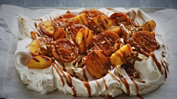 Grilled peaches and tahini caramel slablova