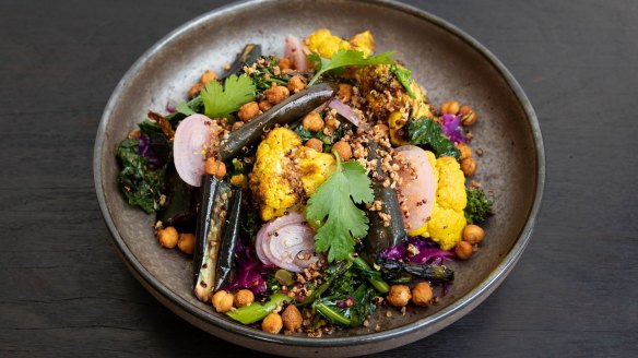 Roast cauliflower, smoked eggplant, broccoli shoots, chickpea, puffed quinoa at Stix Cafe in Marrickville.