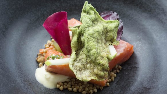 Smoked Petuna ocean trout with cucumber, apple and buttermilk dressing from Flying Fish in 2014.