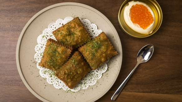 Panisse with spring garlic dust, creme fraiche and salmon roe. 