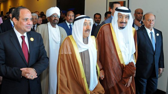 New alliance: From left, Egyptian President Abdel-Fattah al-Sisi, Sudanese President Omar Hassan al-Bashir, Kuwait's Emir Sheikh Sabah al-Ahmad al-Jaber al-Sabah, Saudi Arabia's King Salman and Yemeni President Abed Rabbo Mansour Hadi at a summit meeting in Egypt in March.