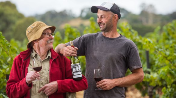 Pennyweight winemaker Stephen Morris with his son in their vineyards in Beechworth.