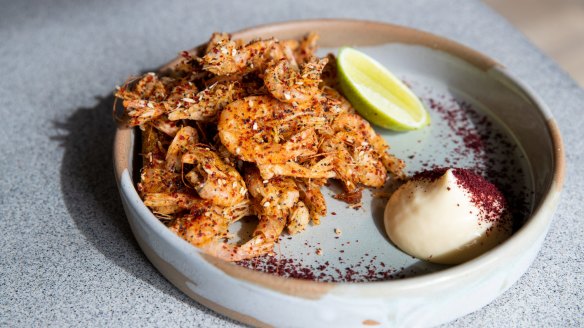 Crisp-fried Hawkesbury River School prawns with lemon myrtle, togarashi and Kewpie mayo. 