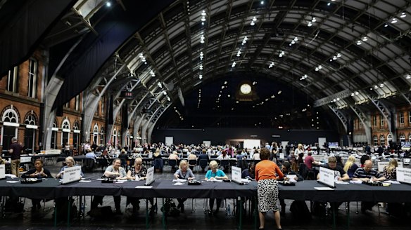 Tellers count ballot papers for the European Union (EU) referendum at Manchester Central Convention Complex in Manchester.