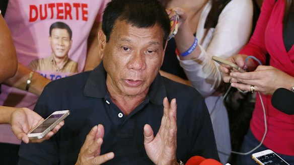 Presidential front-runner Rodrigo Duterte answers questions from the media.