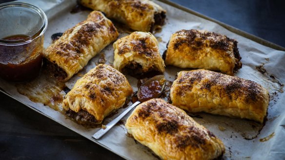 Bloody mary inspired beef sausage rolls with vodka spiked relish.