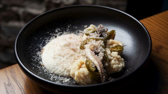 Southern calamari with buttermilk tarama, air-dried lountza and chilli.