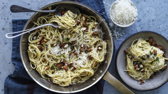 Speedy lemon spaghetti with toasted almonds.