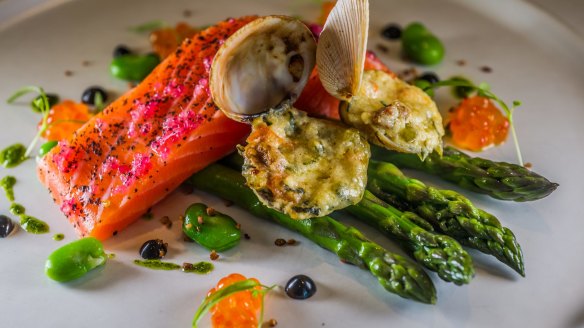 Cured ocean trout with clams and asparagus.