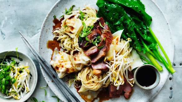 Stock up and make Adam Liaw's dry wonton noodles featuring gai lan (Chinese broccoli) wonton wrappers, oyster sauce and char siu (barbecue pork).