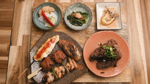 The tori set features yakitori, kobachi and Japanese fried chicken with miso.