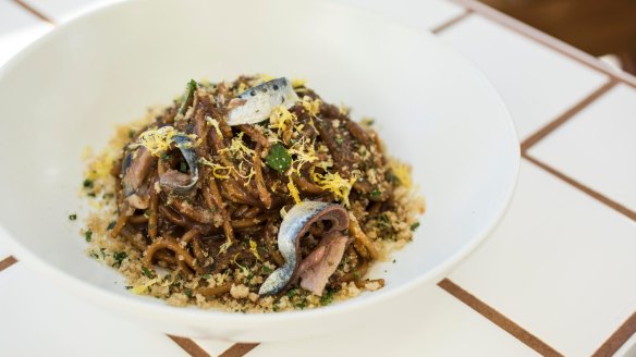 Mancini spaghetti with black garlic, sardines, chilli and breadcrumbs.