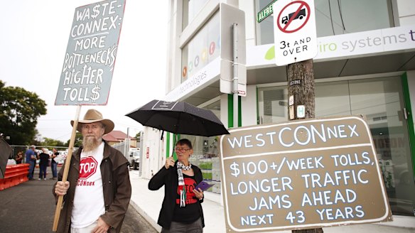 St Peters residents protest  against the WestConnex motorway project on Friday. 
