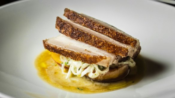 Borrowdale pork belly with white onion slaw, grilled peach and muscovado.