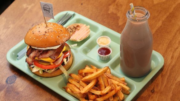 Tuck Shop Takeaway's Major burger, triple-cooked chips and a Nutella milkshake.