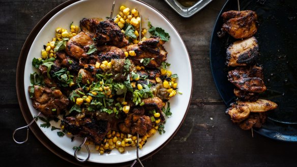 Spicy chicken skewers with jalapeno jam and charred corn kernels.