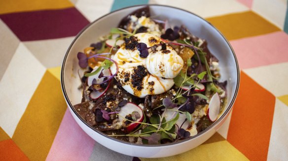 The full Mexican breakfast experience: Burratta chilaquiles (corn chips with burratta topping). 