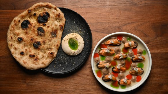 Go-to dishes: Pickled mussels with a side of flatbread.