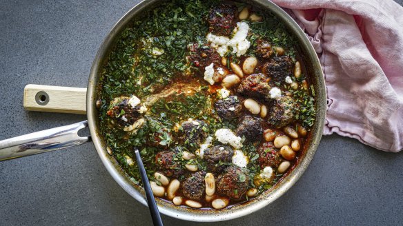 Meatball and white bean stew with creamy, melty feta.