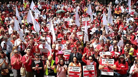 Public servants protest against low government pay offers at a rally in Canberra last year.