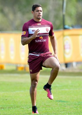 Knees up: Dane Gagai is put through a fitness test during a Maroons training session at Sanctuary Cove.