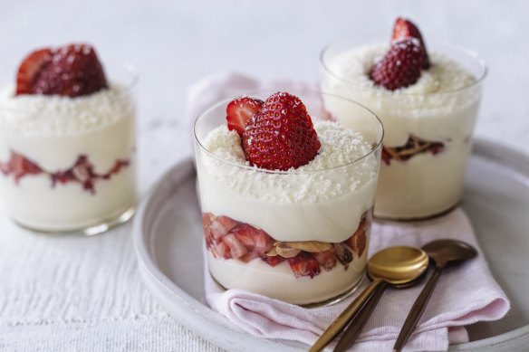 White chocolate, ricotta and strawberry parfait.