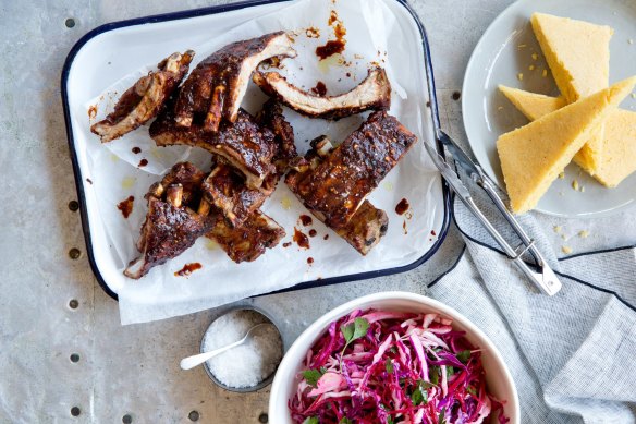 The Blue Ducks' glazed pork ribs with slaw and cornbread. 