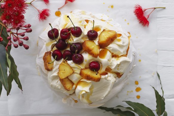 Caramelised pineapple and cherry pavlova.