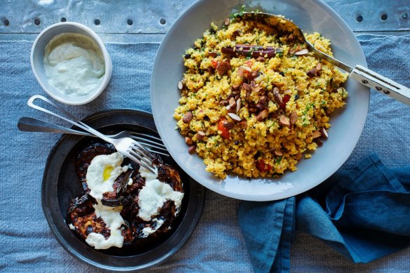 Moroccan couscous with harissa glazed eggplant.