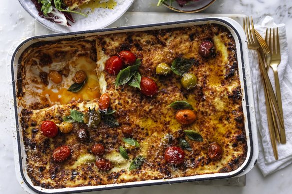 Cherry tomato lasagne with easy bechamel.