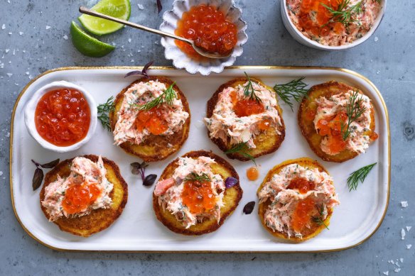 Corn blinis with salmon rilletes.
