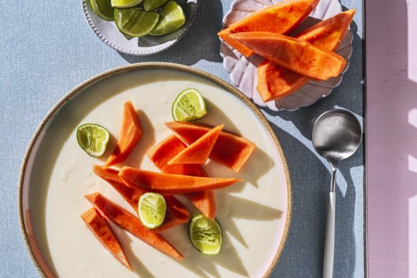 Coconut jelly with papaya and lime.