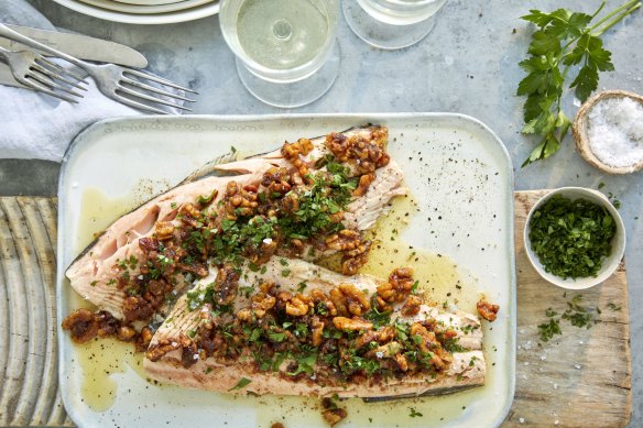 Rainbow trout with brown butter and vinegar walnuts.