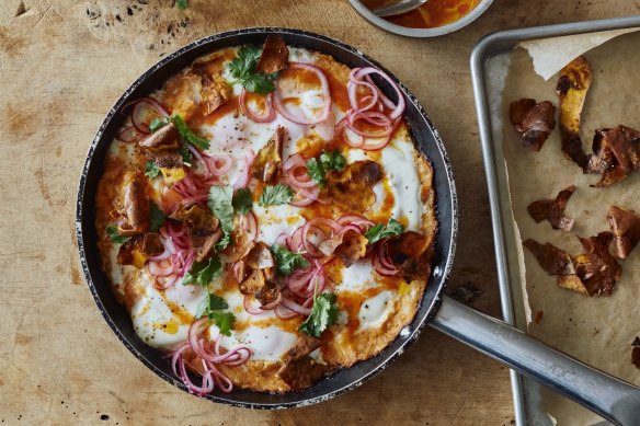 Plant-based twist: Sweet potato shakshuka with sriracha butter and pickled onions.