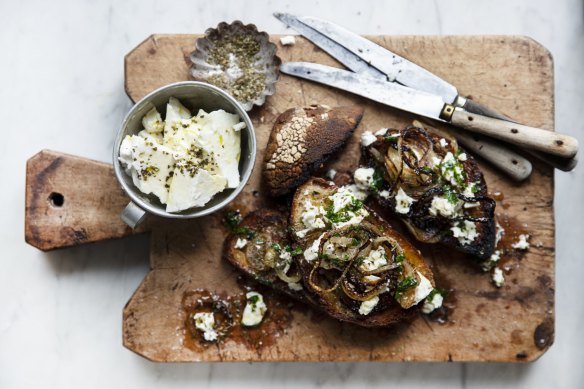 Feta and grilled onion bruschetta.