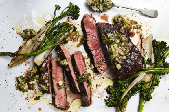 Perfect feast: Flat iron steak with greens and charred herb salsa.