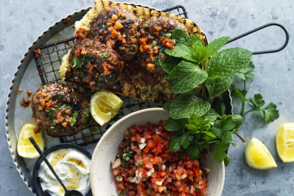 Lamb and capsicum burgers on Turkish tomatoes.