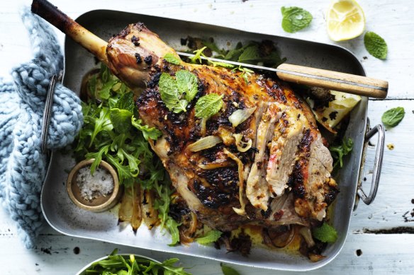 Lemon-brined lamb with mint salad.