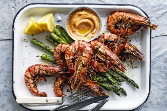 Barbecued prawns and asparagus with lemon pepper mayonnaise.