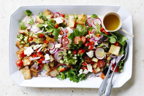 Fried eggplant and feta fattoush.