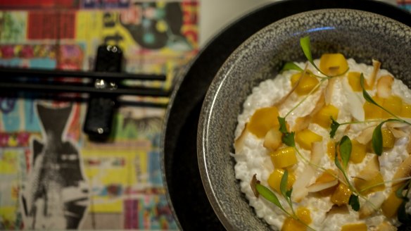 Coconut sago pudding with mango.