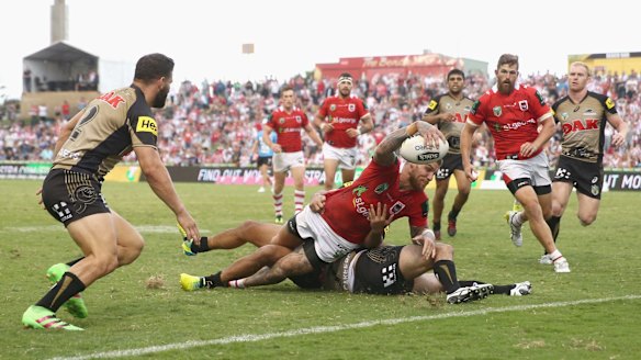 Key try: Josh Dugan scores for St George Illawarra.