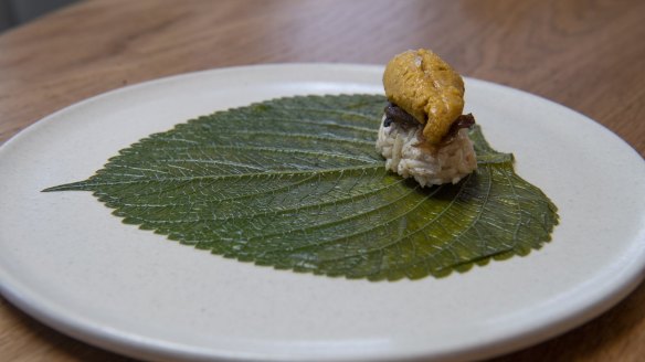 Waraq simsim (aged rice and sea urchin on perilla leaf). 