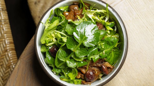 The roasted duck also includes a salad with leg meat and crispy skin.