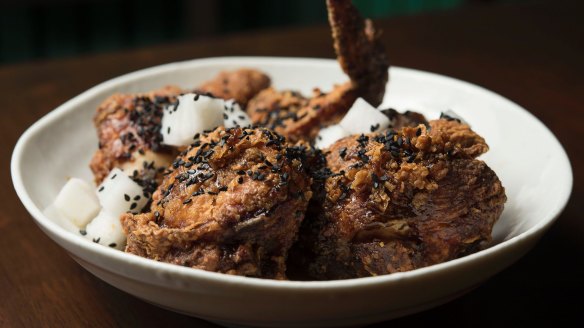 Shrimp brined fried chicken at Paper Bird in 2017.