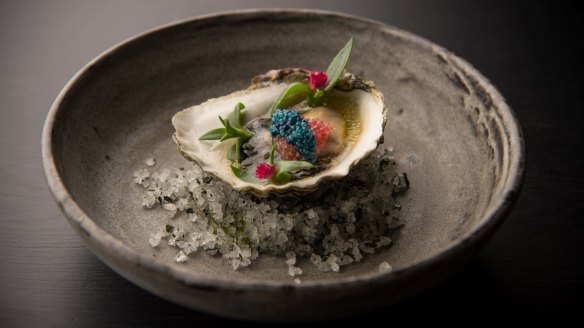 Angasi oyster with finger lime and scampi caviar. 