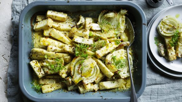 Roasted celeriac, parsnip and fennel with cream, parmesan and anise.